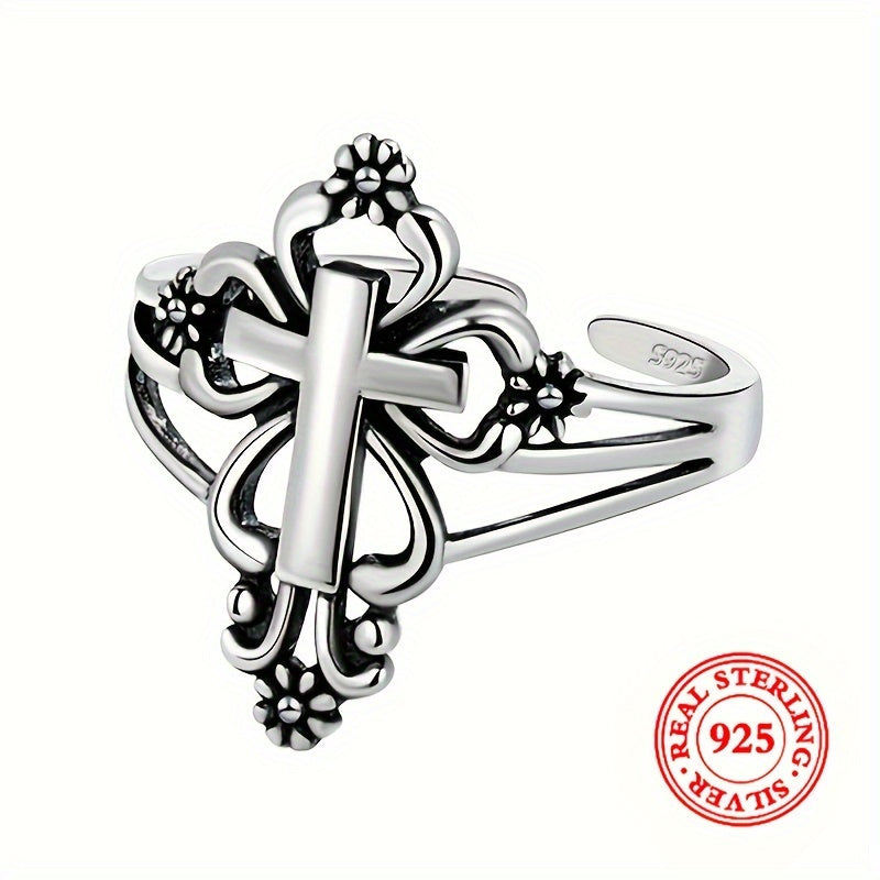925 Sterling Silver Retro Cross + Flower Cuff Ring - High Quality Jewelry
