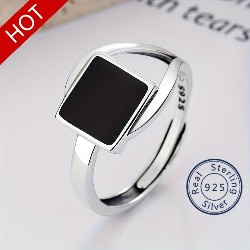 925 Sterling Silver Black Square Oil Dripping Adjustable Ring - Trendy Jewelry