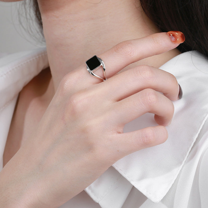 925 Sterling Silver Black Square Oil Dripping Adjustable Ring - Trendy Jewelry