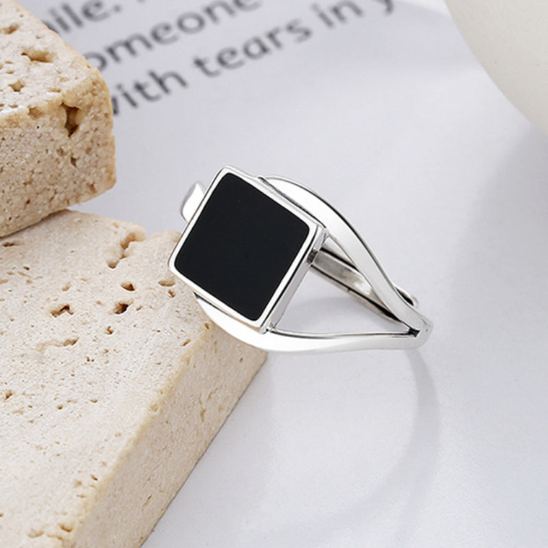 925 Sterling Silver Black Square Oil Dripping Adjustable Ring - Trendy Jewelry