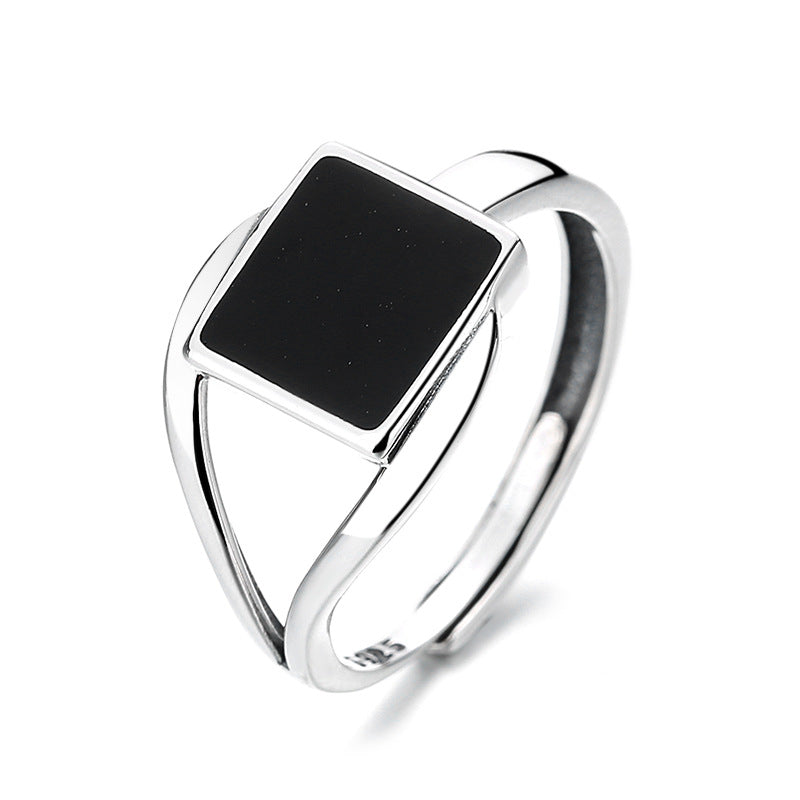 925 Sterling Silver Black Square Oil Dripping Adjustable Ring - Trendy Jewelry