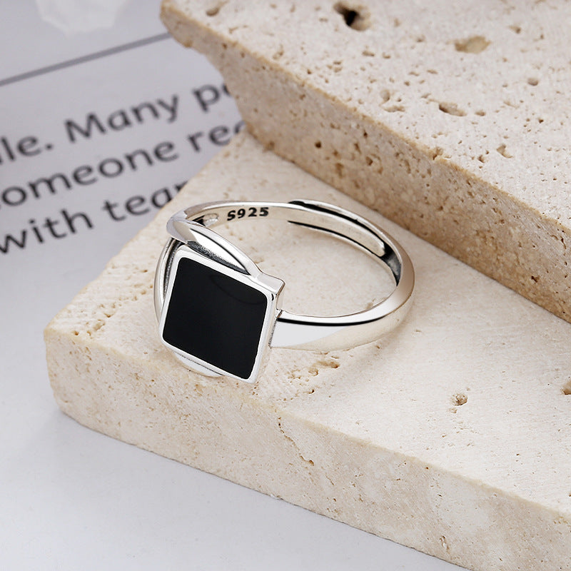 925 Sterling Silver Black Square Oil Dripping Adjustable Ring - Trendy Jewelry