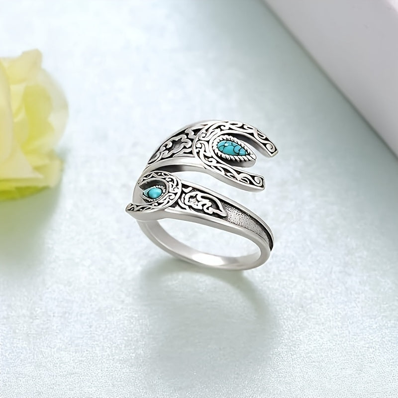 925 Sterling Silver Retro Moon & Flower Wrap Ring - Adjustable Waterdrop Shape