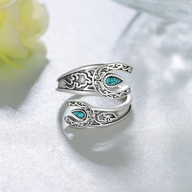 925 Sterling Silver Retro Moon & Flower Wrap Ring - Adjustable Waterdrop Shape