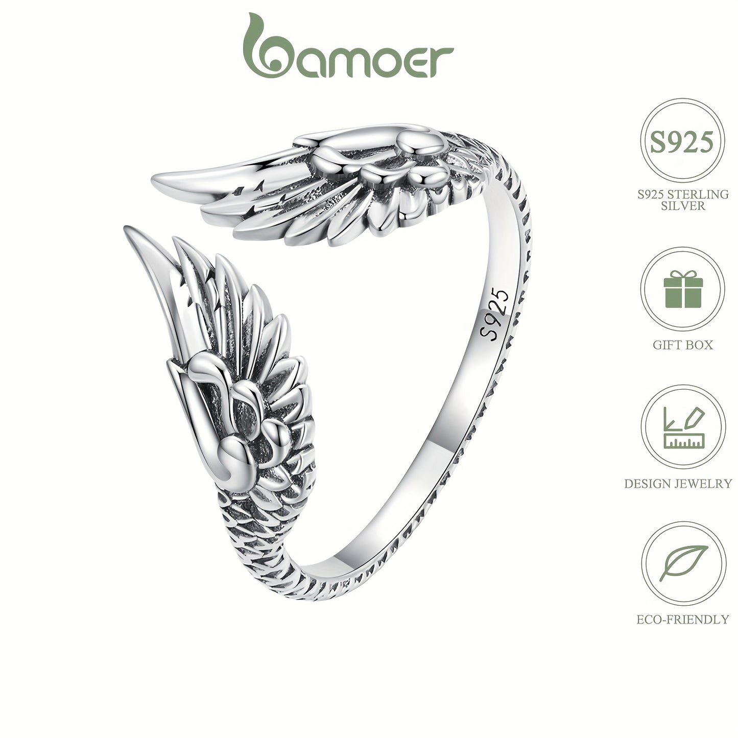 925 Sterling Silver Angel Wing Adjustable Cuff Ring - Delicate Luxury Gift