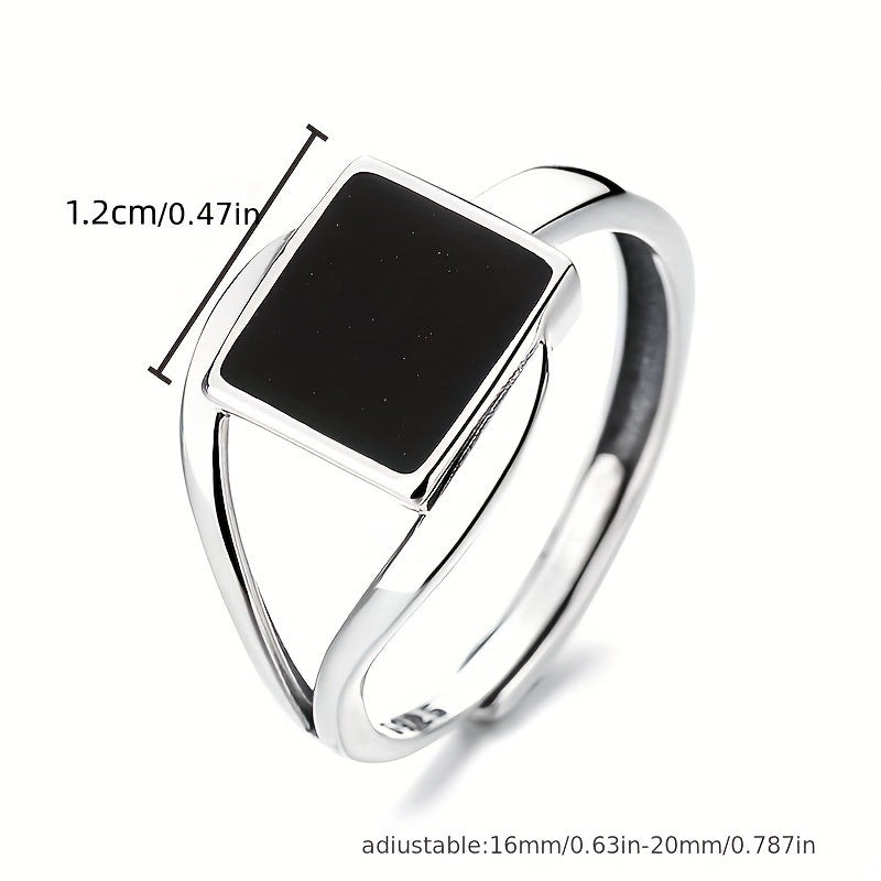 925 Sterling Silver Black Square Oil Dripping Adjustable Ring - Trendy Jewelry