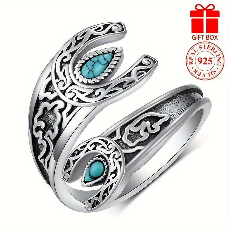 925 Sterling Silver Retro Moon & Flower Wrap Ring - Adjustable Waterdrop Shape