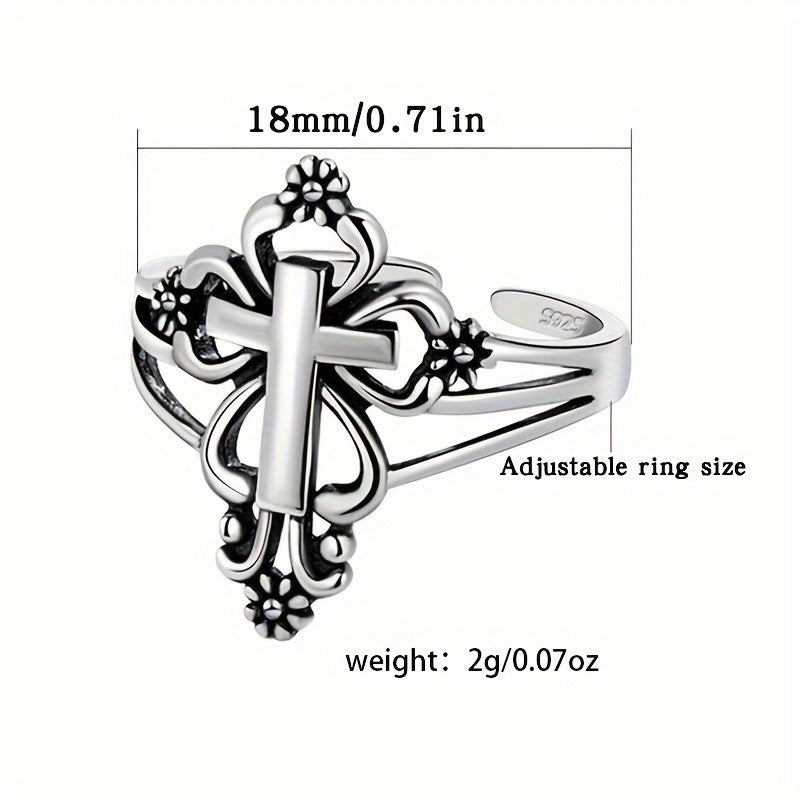 925 Sterling Silver Retro Cross + Flower Cuff Ring - High Quality Jewelry