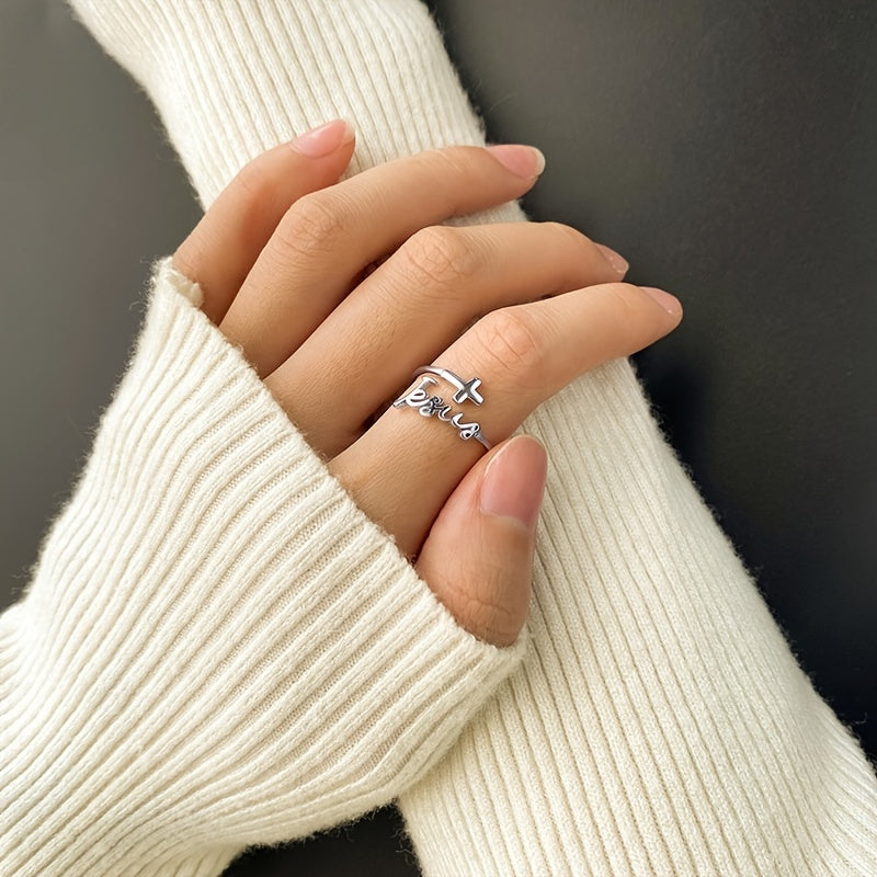 925 Sterling Silver Trendy Cross Plus 'Jesus' Wrap Ring - Daily Outfits