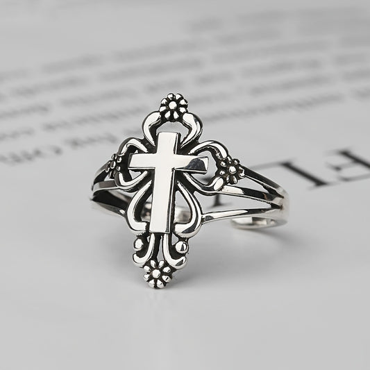 925 Sterling Silver Retro Cross + Flower Cuff Ring - High Quality Jewelry
